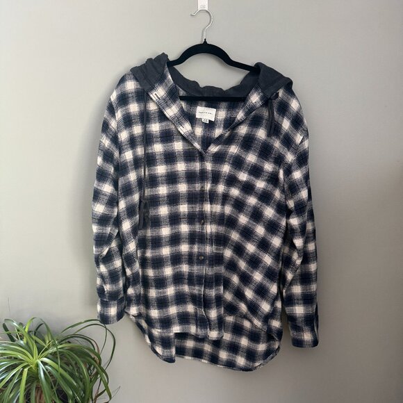 American Eagle Outfitters Tops - American Eagle Outfitters Blue Plaid Hooded Flannel Shacket Top